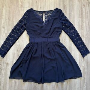 Elise Ryan Fit & Flare Womens Short Dress Size 8 Navy Blue Floral Scalloped Lace